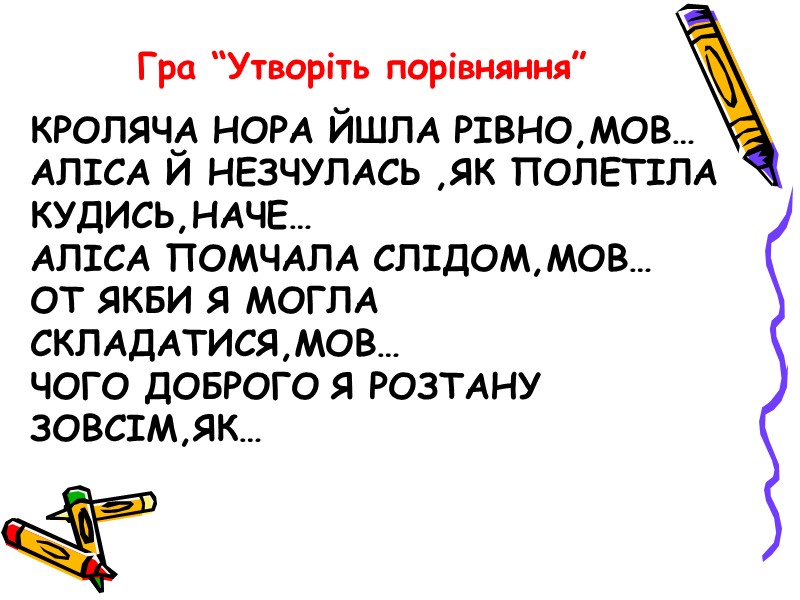 Кроляча нора йшла рівно,мов… аліса й незчулась ,як полетіла кудись,наче… аліса помчала слідом,мов… от